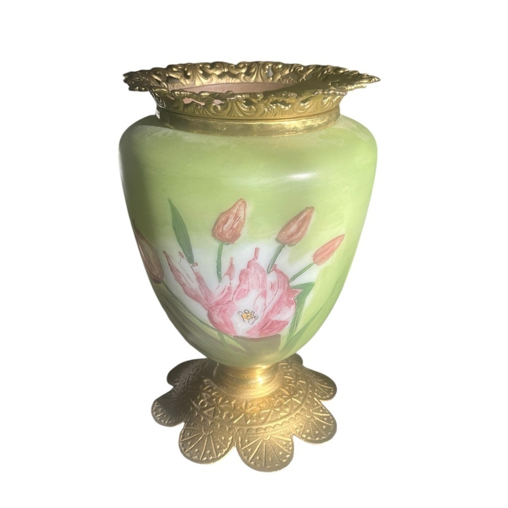 Antique GWTW FC Co Oil Parlor Lamp Bottom Brass Base w/ Pink tulips Floral Décor